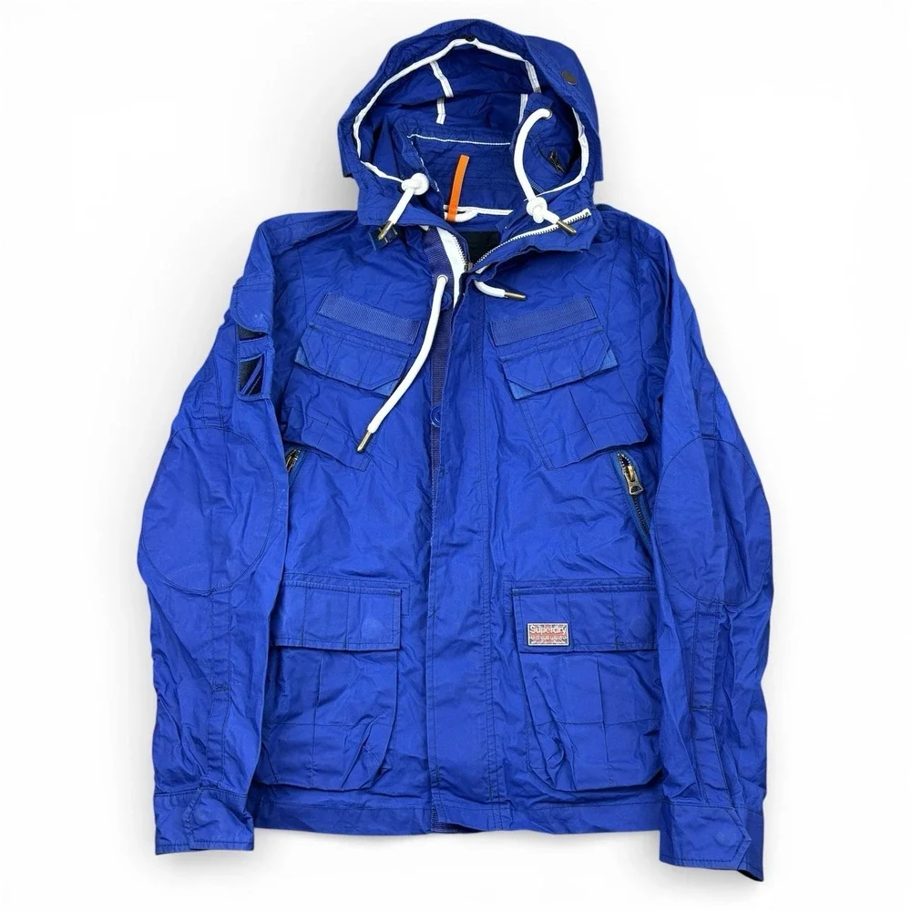 Superdry Military Jacket Men's Small Blue Cotton Utility Safari Pockets Full Zip